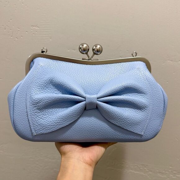 Blue Togo Cowhide Leather Handmade Large Bow Kisslock Bag With 3 Strap Styles - Picture 5 of 16